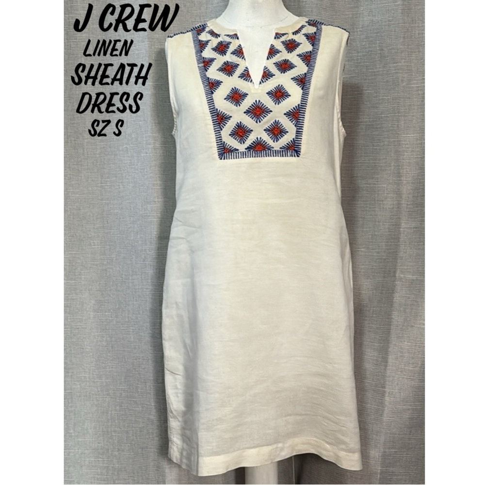 Gorgeous Linen blend J Crew Sheath Dress-S-White/Blue/Red-ZipUp Back-Sleeveless